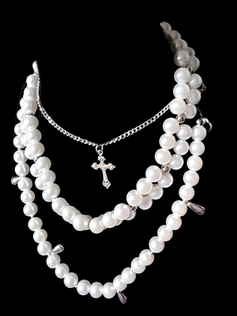 Classic White Pearl Multi-Strand Necklace with Cross Pendant